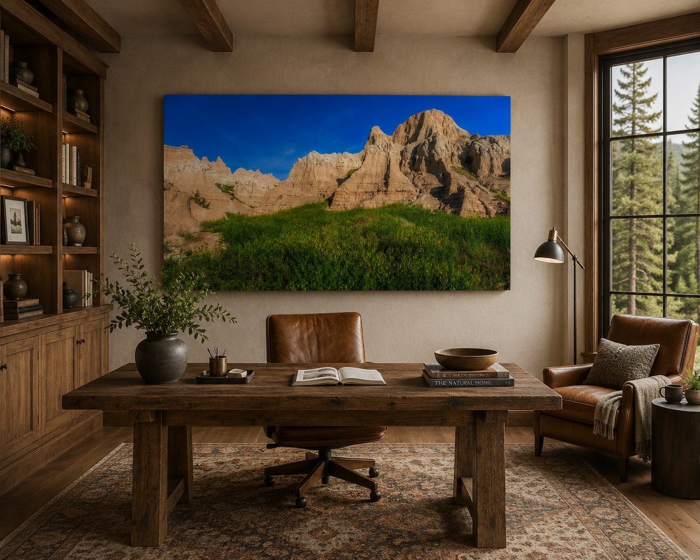 Large Badlands landscape canvas displayed in a warm residential home office by Dan Sproul